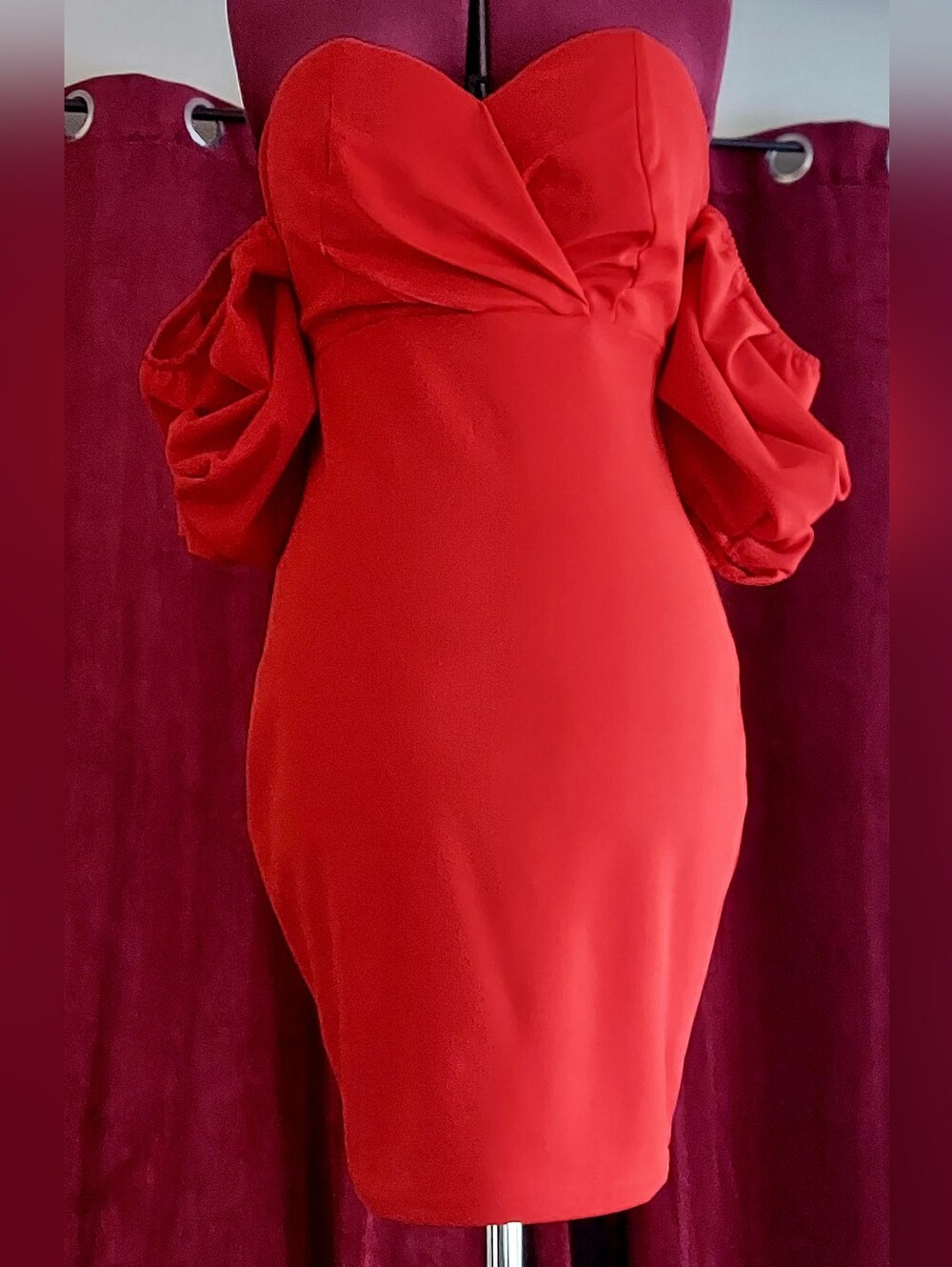 NWT Red Off-Shoulder Bodycon Mini Dress With Sculptural Sleeves - Sz L